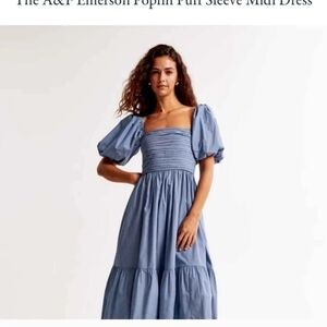Abercrombie & Fitch Slate Blue Puff Sleeve Midi Dress